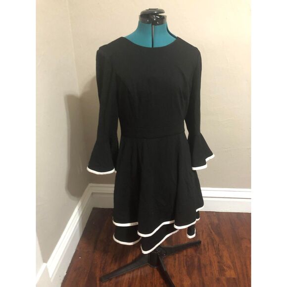 🧺Eliza J Bell Sleeve Ruffled Ponte Knit Dress Black w/ White Trim, size 10 - Picture 5 of 6